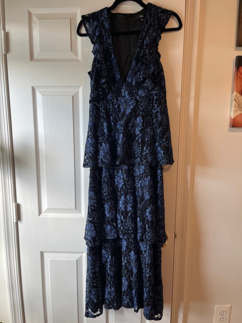 Lulu's Navy Floral Lace Tiered V-Neck Maxi Dress